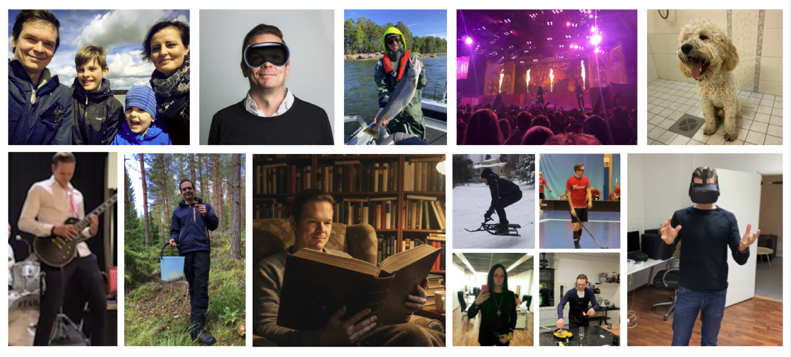 A collage from Petteri's life outside work, including family, reading, music, outdoor activities, sports and trying new technology.