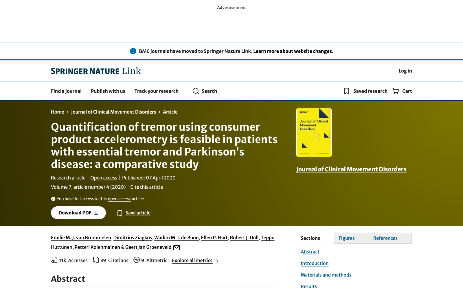 Screenshot of the Springer Nature article page for the tremor accelerometry publication.